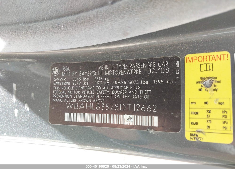 2008 BMW 750I VIN: WBAHL83528DT12662