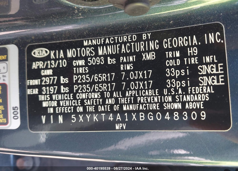 2011 KIA SORENTO LX VIN: 5XYKT4A1XBG048309