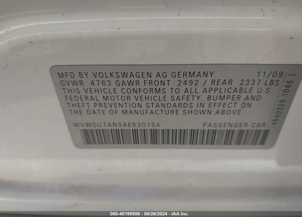 2010 VOLKSWAGEN CC VR6 VIN: WVWGU7AN9AE530154