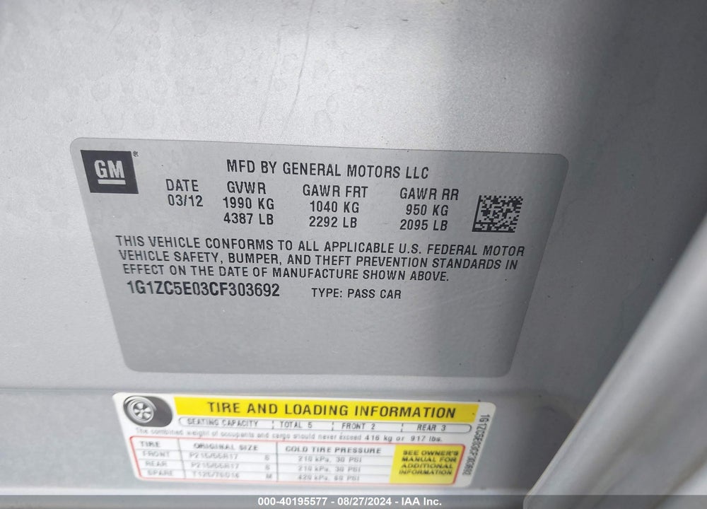 2012 CHEVROLET MALIBU 1LT VIN: 1G1ZC5E03CF303692