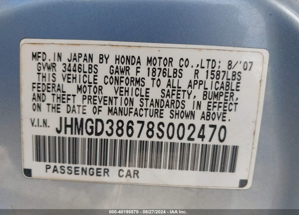 2008 HONDA FIT SPORT VIN: JHMGD38678S002470
