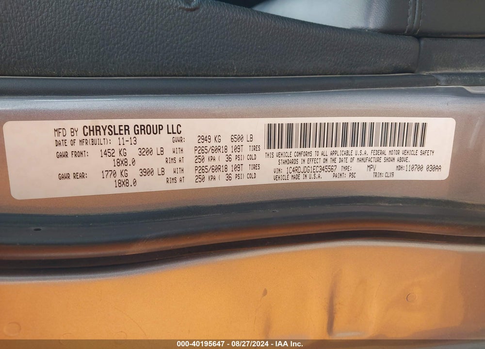 2014 DODGE DURANGO LIMITED VIN: 1C4RDJDG1EC345567