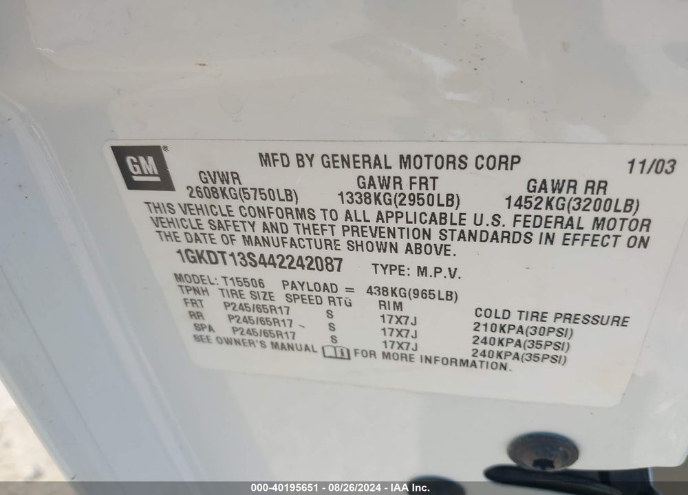 2004 GMC ENVOY SLT VIN: 1GKDT13S442242087