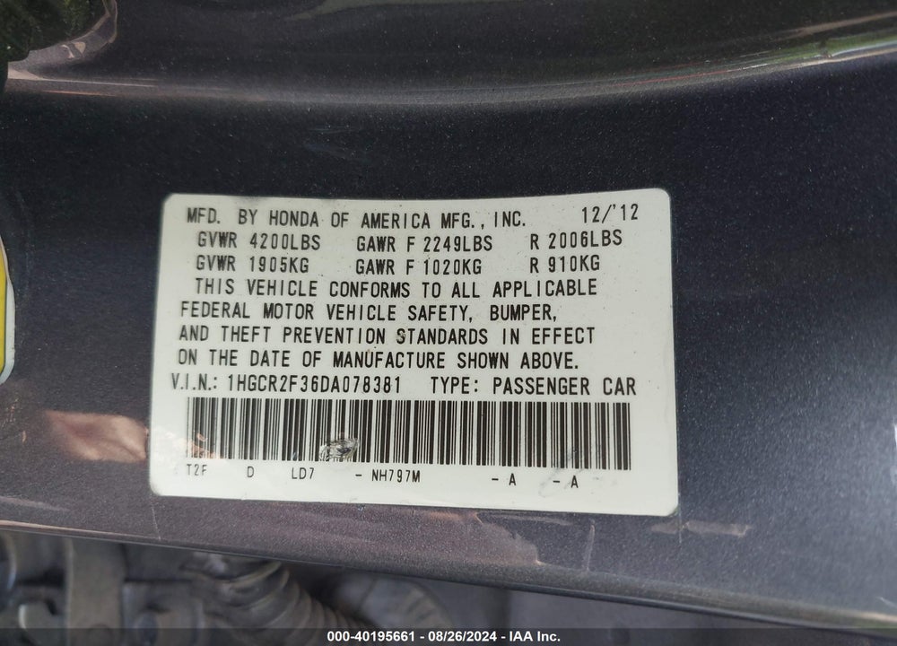 2013 HONDA ACCORD VIN: 1HGCR2F36DA078381
