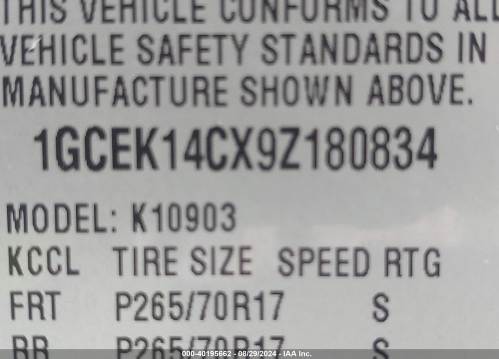 2009 CHEVROLET SILVERADO 1500 WORK TRUCK VIN: 1GCEK14CX9Z180834