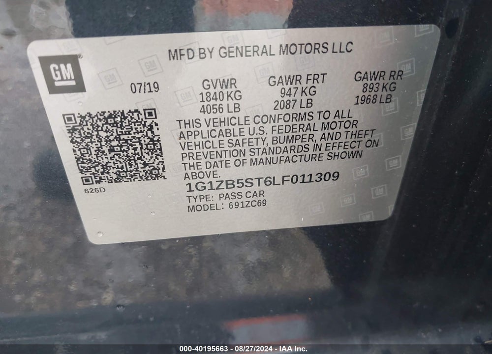 2020 CHEVROLET MALIBU FWD LS VIN: 1G1ZB5ST6LF011309