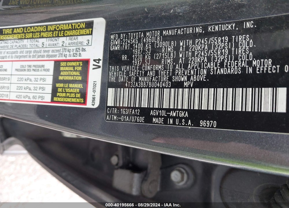 2011 TOYOTA VENZA VIN: 4T3ZA3BB7BU040403