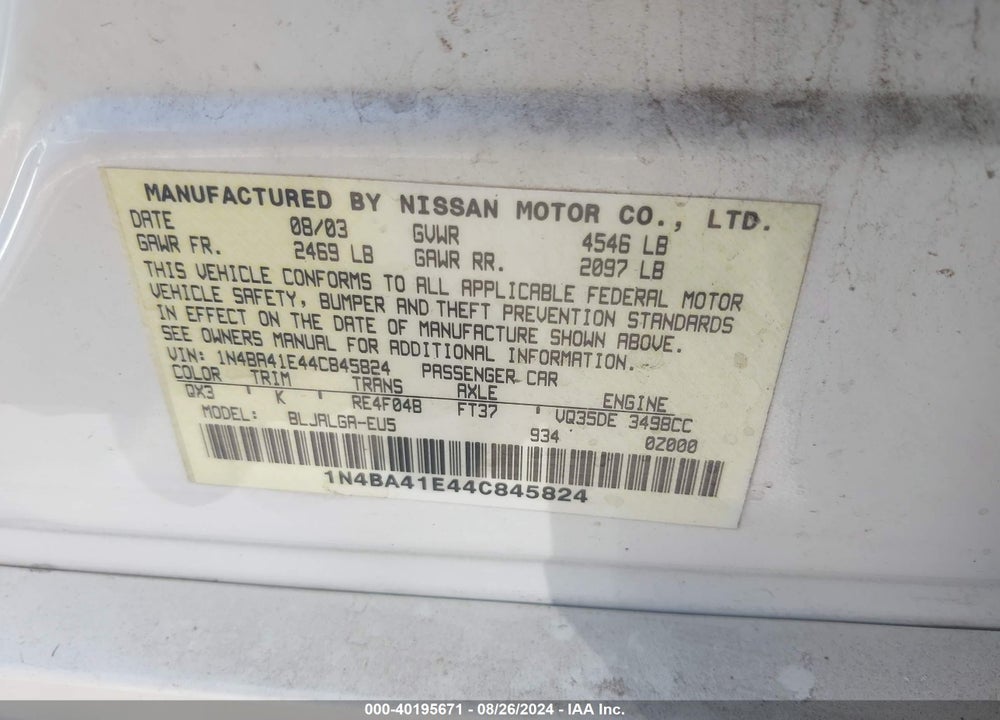 2004 NISSAN MAXIMA 3.5 SL VIN: 1N4BA41E44C845824