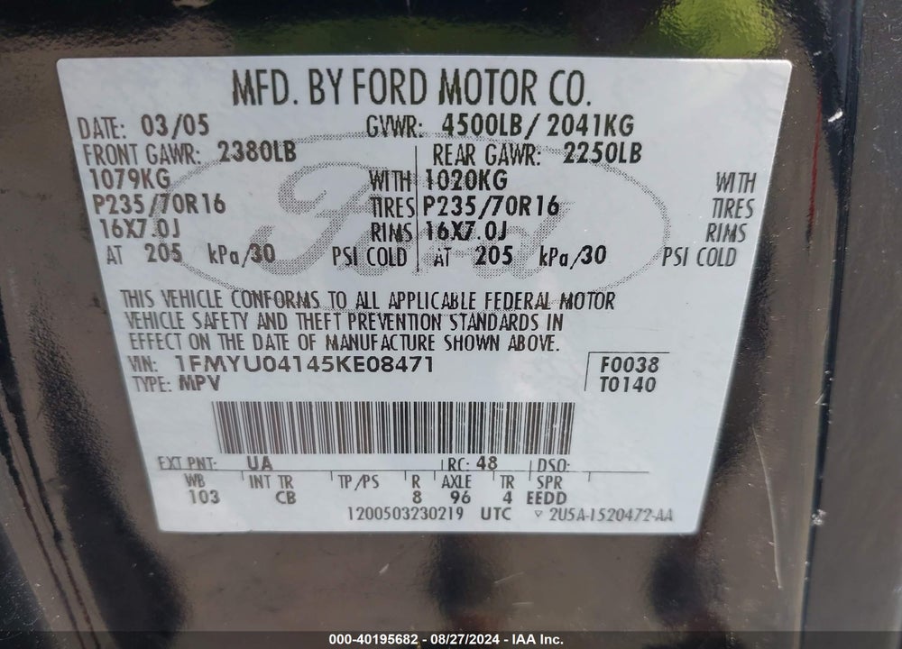 2005 FORD ESCAPE LIMITED VIN: 1FMYU04145KE08471