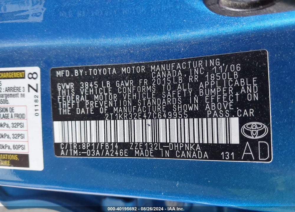 2007 TOYOTA MATRIX/XR VIN: 2T1KR32E47C649955