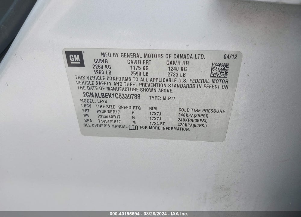 2012 CHEVROLET EQUINOX LS VIN: 2GNALBEK1C6339788