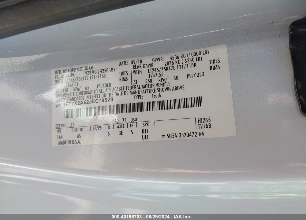 2018 FORD F-250 VIN: 1FT7X2A62JEC79528