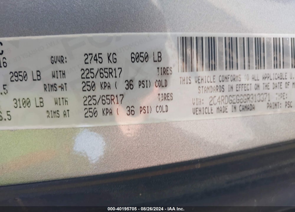 2016 DODGE GRAND CARAVAN R/T VIN: 2C4RDGEG6GR313371