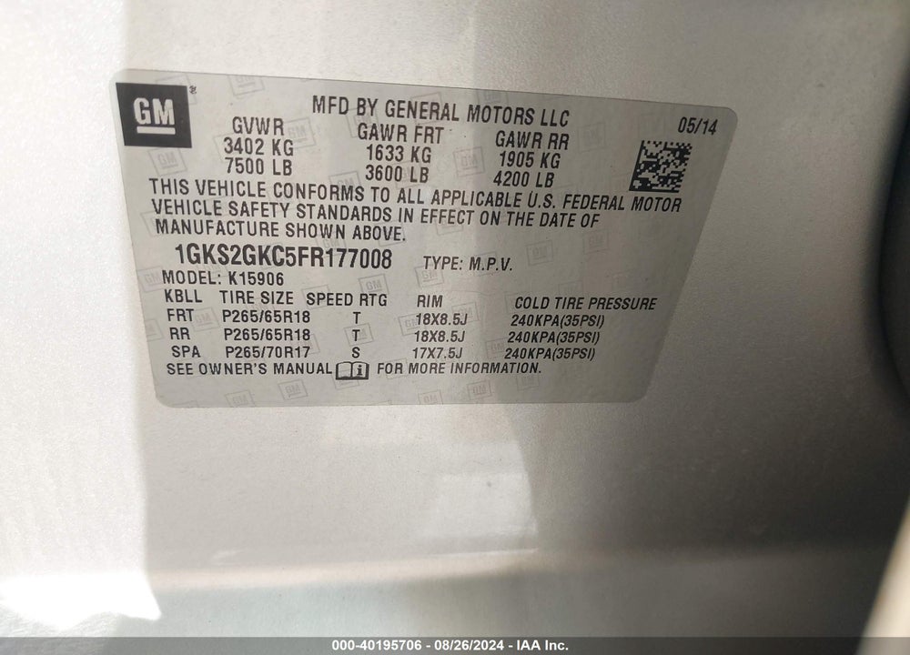 2015 GMC YUKON XL 1500 SLE VIN: 1GKS2GKC5FR177008