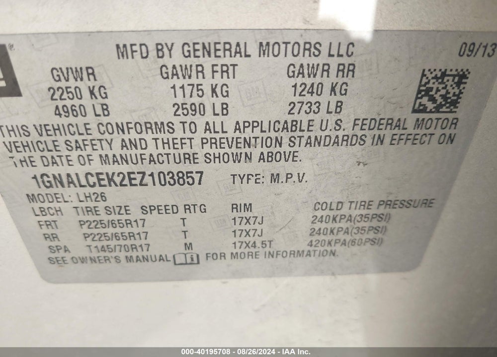 2014 CHEVROLET EQUINOX 2LT VIN: 1GNALCEK2EZ103857