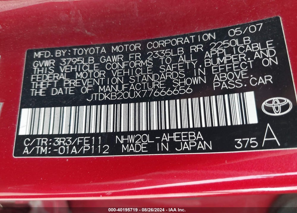 2007 TOYOTA PRIUS VIN: JTDKB20UX77666656