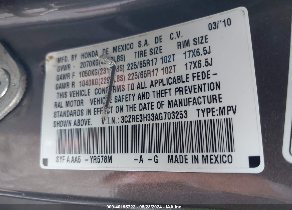 2010 HONDA CR-V LX VIN: 3CZRE3H33AG703253