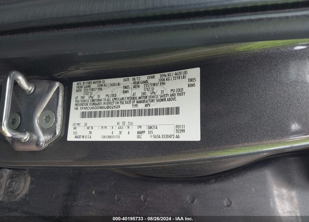 2013 FORD ESCAPE SE VIN: 1FMCU0GX9DUB02525