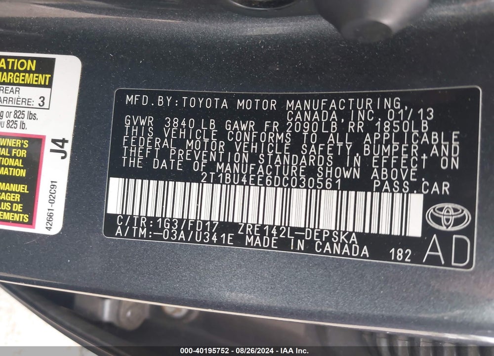 2013 TOYOTA COROLLA S VIN: 2T1BU4EE6DC030561
