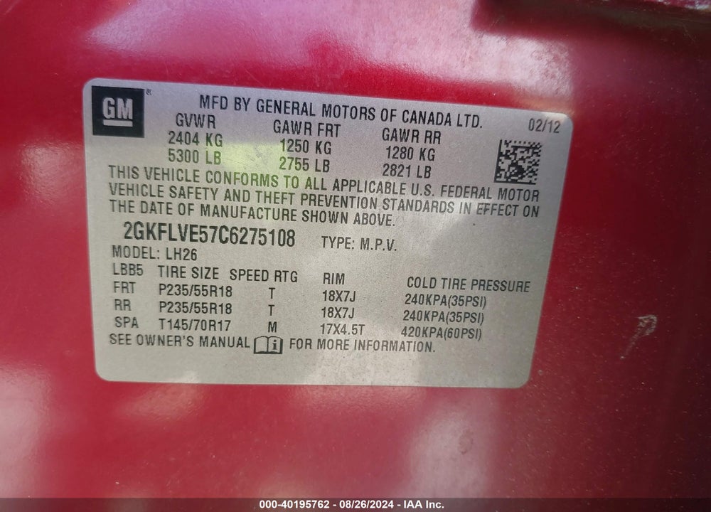 2012 GMC TERRAIN SLT-1 VIN: 2GKFLVE57C6275108