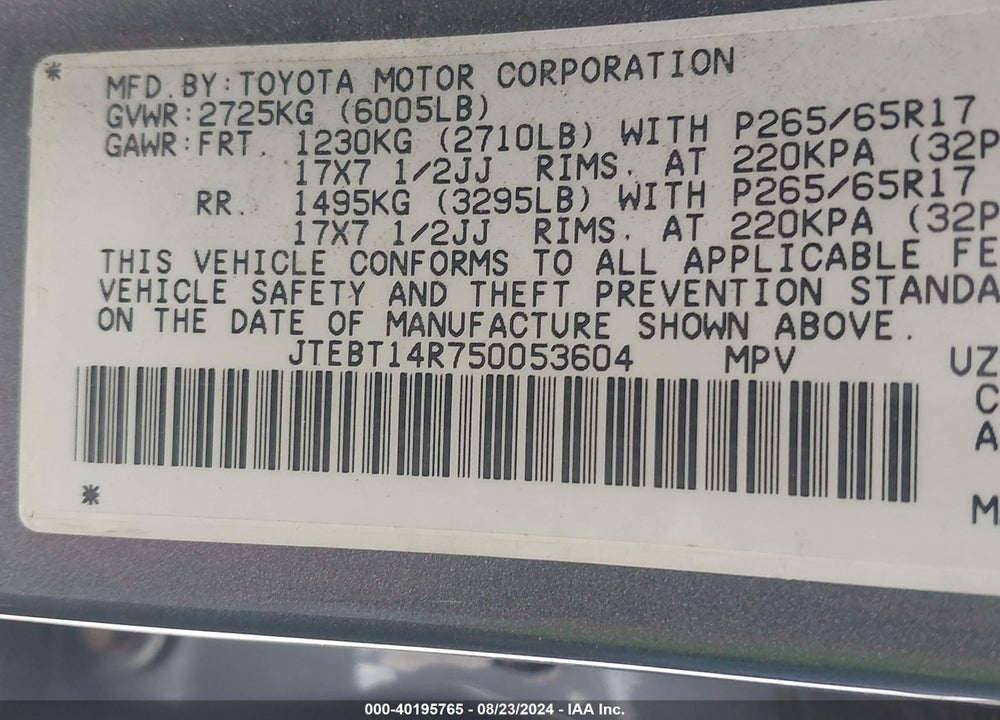 2005 TOYOTA 4RUNNER SR5 V8 VIN: JTEBT14R750053604
