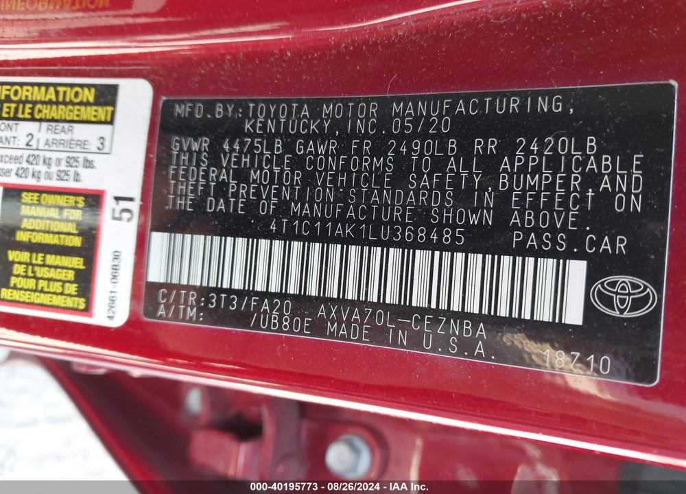 2020 TOYOTA CAMRY LE VIN: 4T1C11AK1LU368485