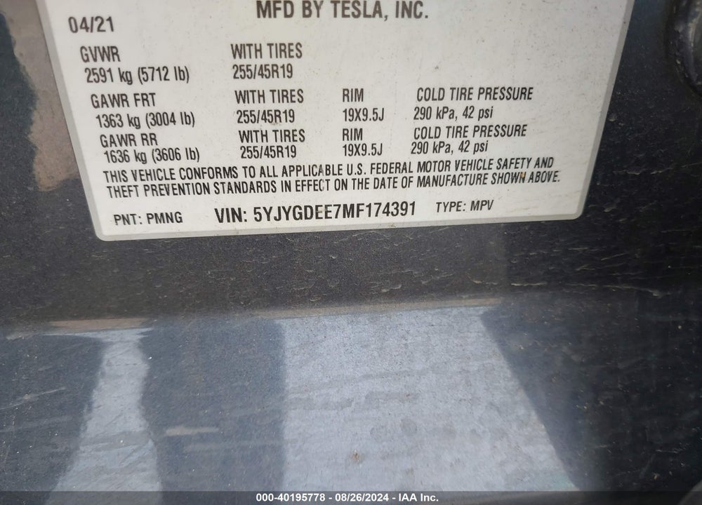 2021 TESLA MODEL Y LONG RANGE DUAL MOTOR ALL-WHEEL DRIVE VIN: 5YJYGDEE7MF174391