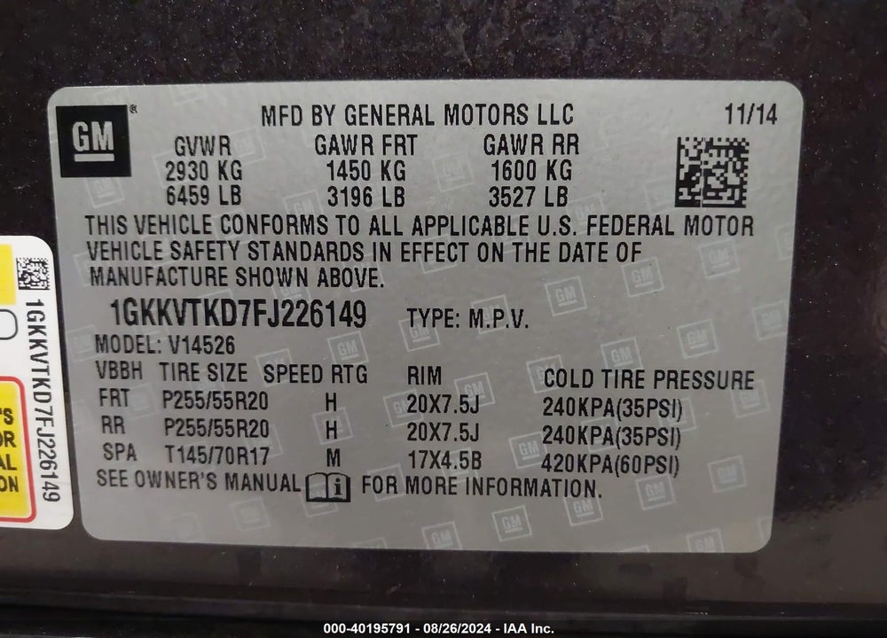 2015 GMC ACADIA DENALI VIN: 1GKKVTKD7FJ226149
