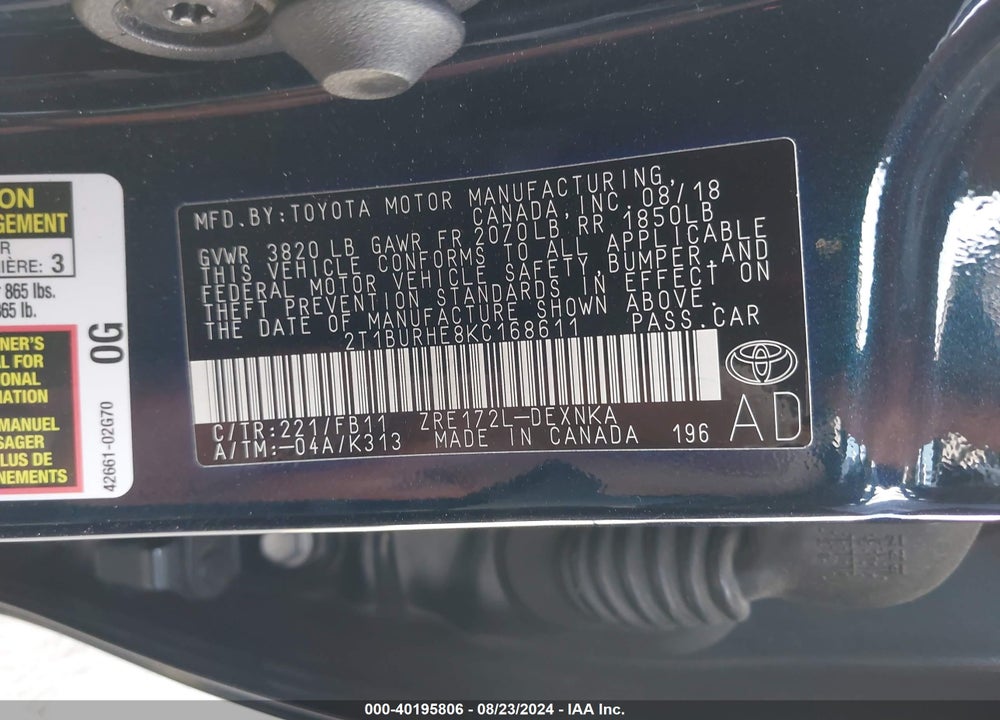 2019 TOYOTA COROLLA LE VIN: 2T1BURHE8KC168611