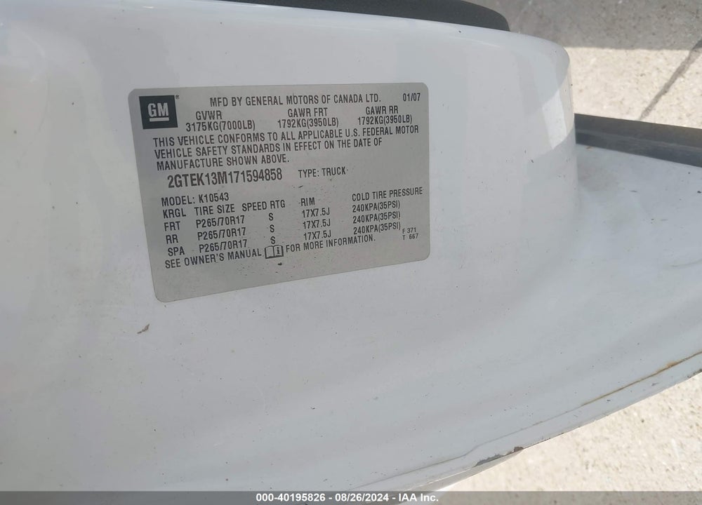 2007 GMC SIERRA 1500 SLE1 VIN: 2GTEK13M171594858