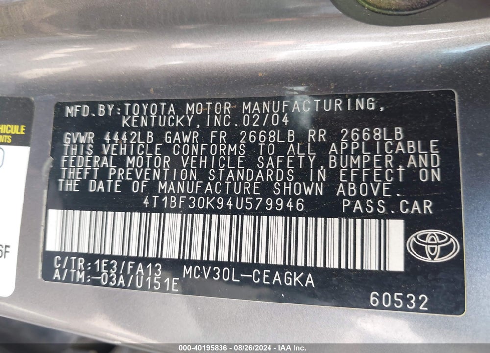 2004 TOYOTA CAMRY XLE V6 VIN: 4T1BF30K94U579946