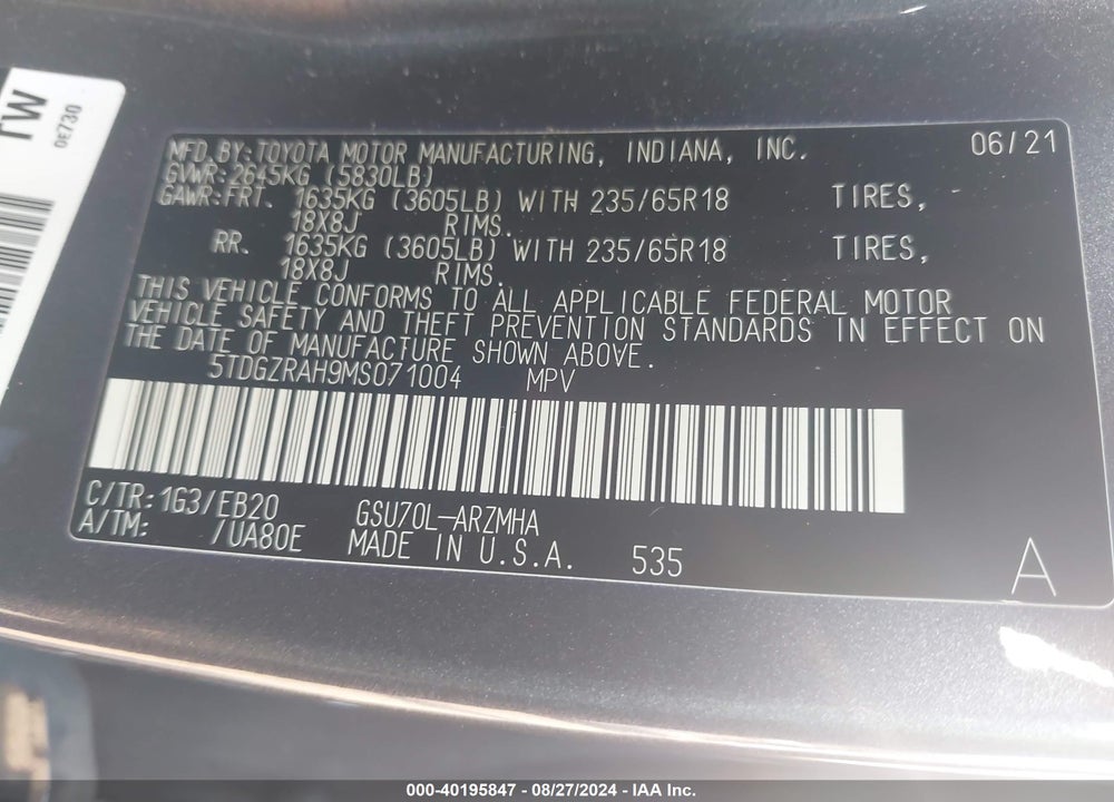 2021 TOYOTA HIGHLANDER XLE VIN: 5TDGZRAH9MS071004