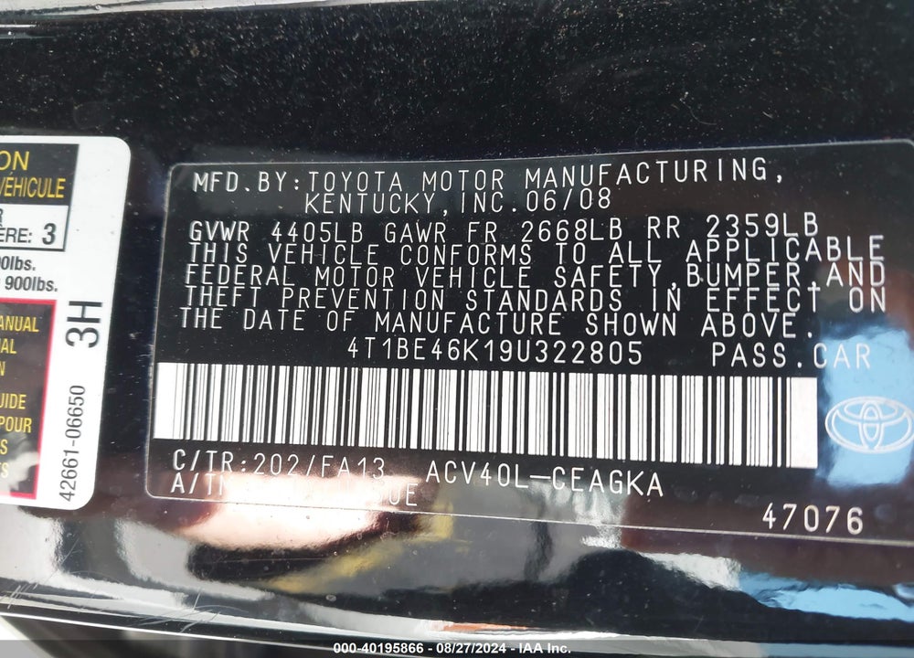 2009 TOYOTA CAMRY XLE VIN: 4T1BE46K19U322805