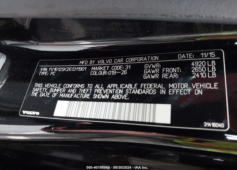 2016 VOLVO V60 T5 PREMIER VIN: YV1612SK2G1311901