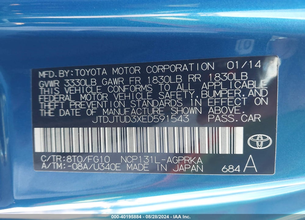 2014 TOYOTA YARIS L (TMC/CBU PLANT) VIN: JTDJTUD3XED591543