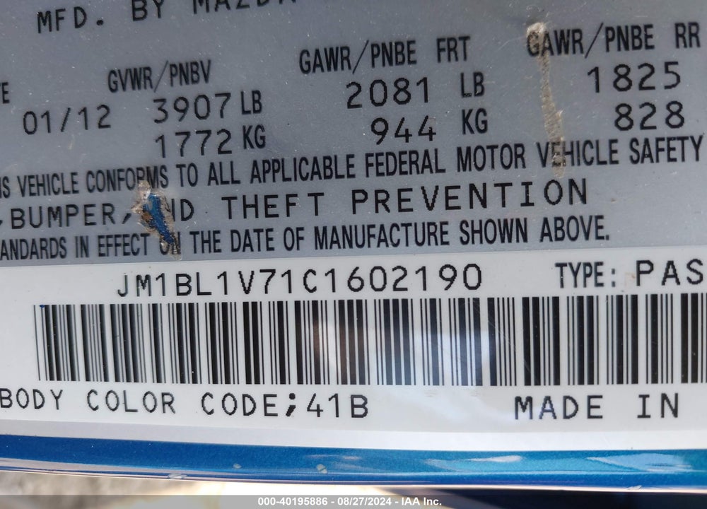 2012 MAZDA 3 I TOURING VIN: JM1BL1V71C1602190