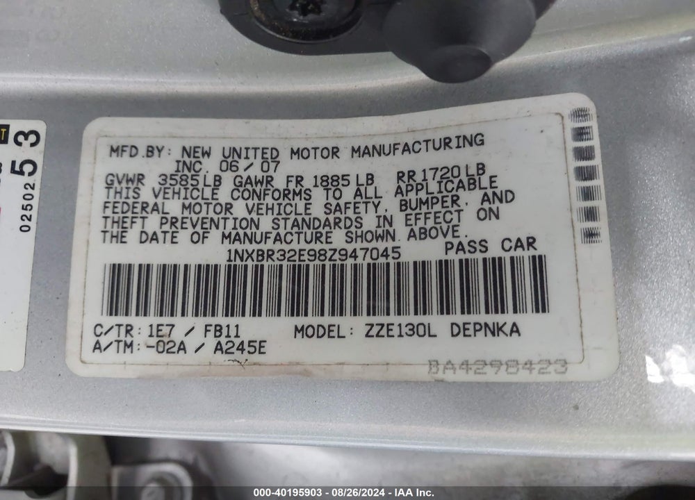 2008 TOYOTA COROLLA LE VIN: 1NXBR32E98Z947045