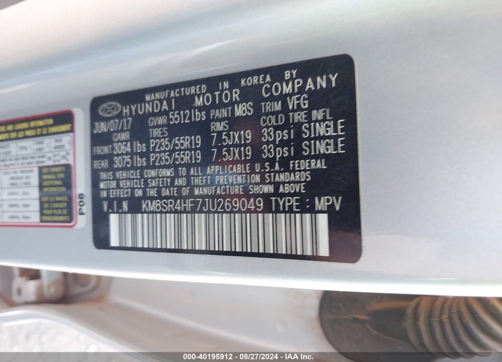 2018 HYUNDAI SANTA FE SE ULTIMATE VIN: KM8SR4HF7JU269049