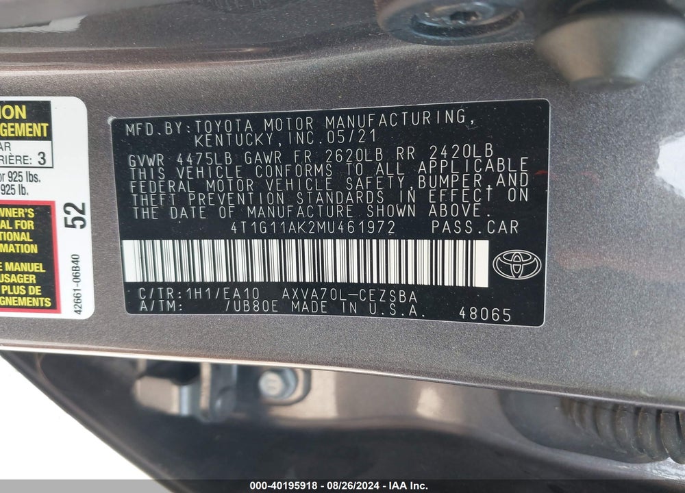 2021 TOYOTA CAMRY SE VIN: 4T1G11AK2MU461972