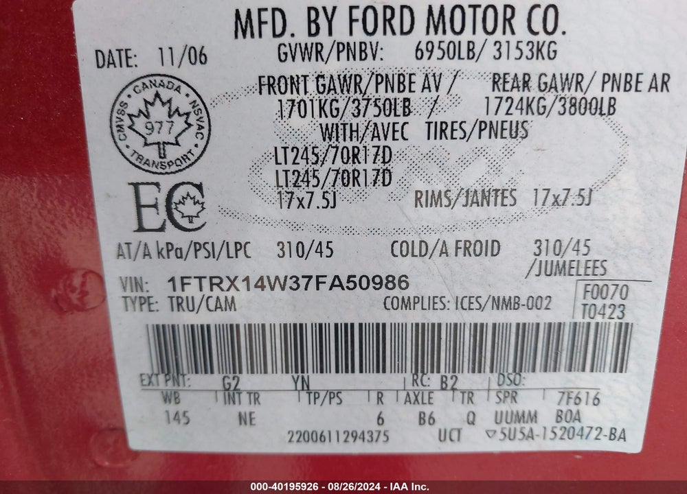 2007 FORD F-150 FX4/STX/XL/XLT VIN: 1FTRX14W37FA50986