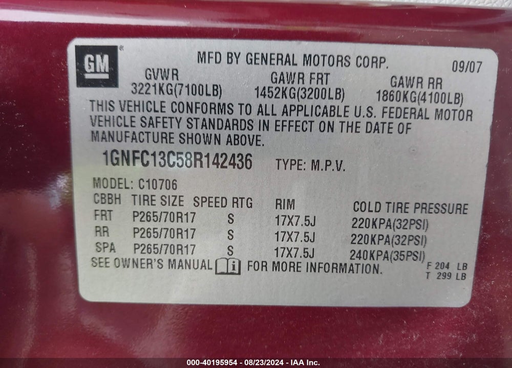2008 CHEVROLET TAHOE LS VIN: 1GNFC13C58R142436