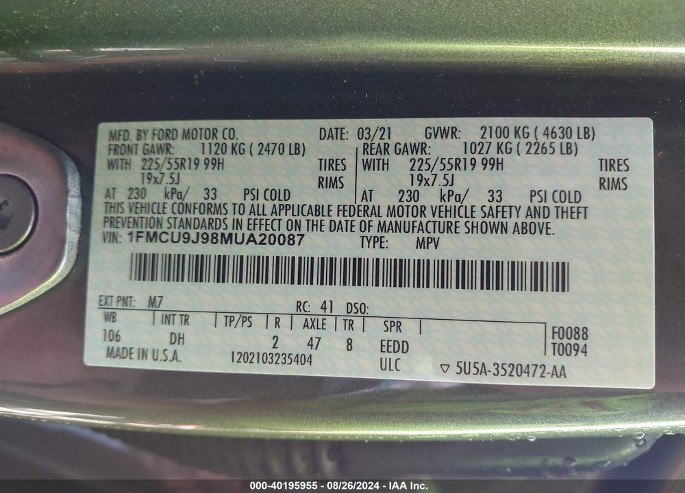 2021 FORD ESCAPE TITANIUM VIN: 1FMCU9J98MUA20087