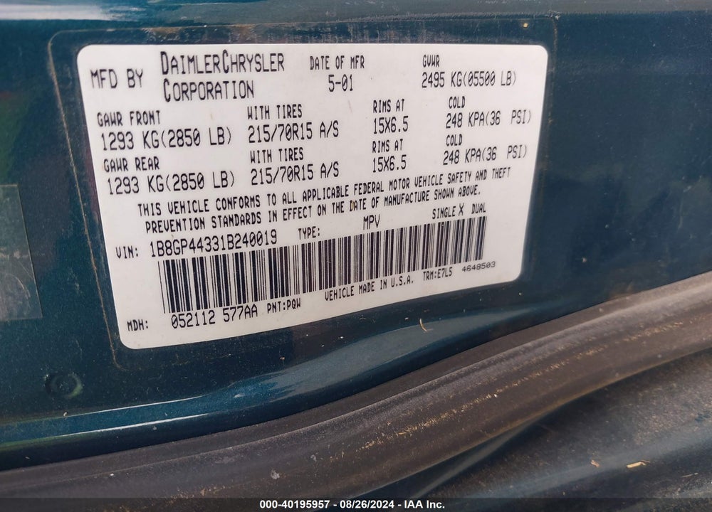 2001 DODGE GRAND CARAVAN SPORT VIN: 1B8GP44331B240019