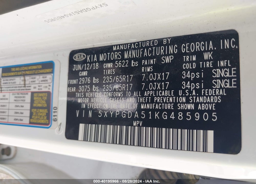 2019 KIA SORENTO LX/S VIN: 5XYPGDA51KG485905