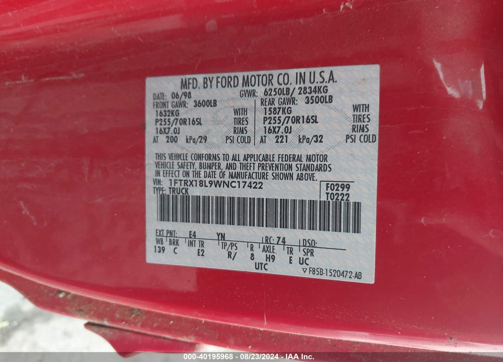 1998 FORD F-150 LARIAT/STANDARD/XL/XLT VIN: 1FTRX18L9WNC17422