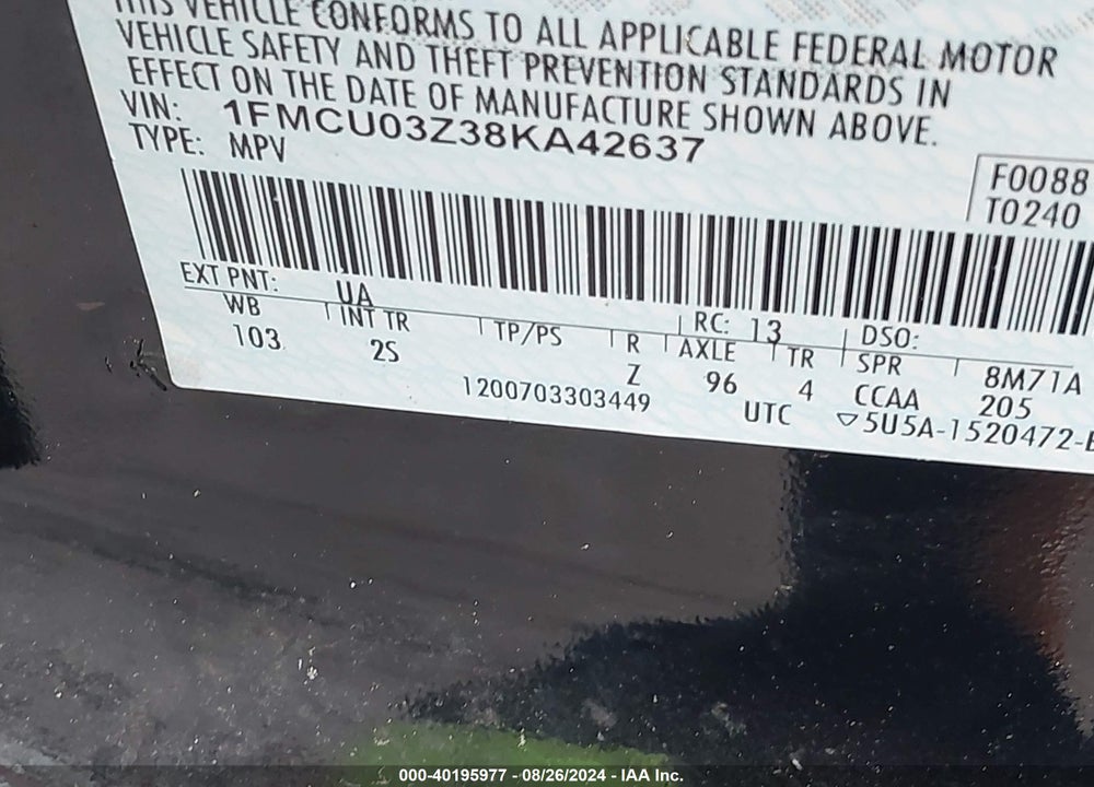 2008 FORD ESCAPE VIN: 1FMCU03Z38KA42637