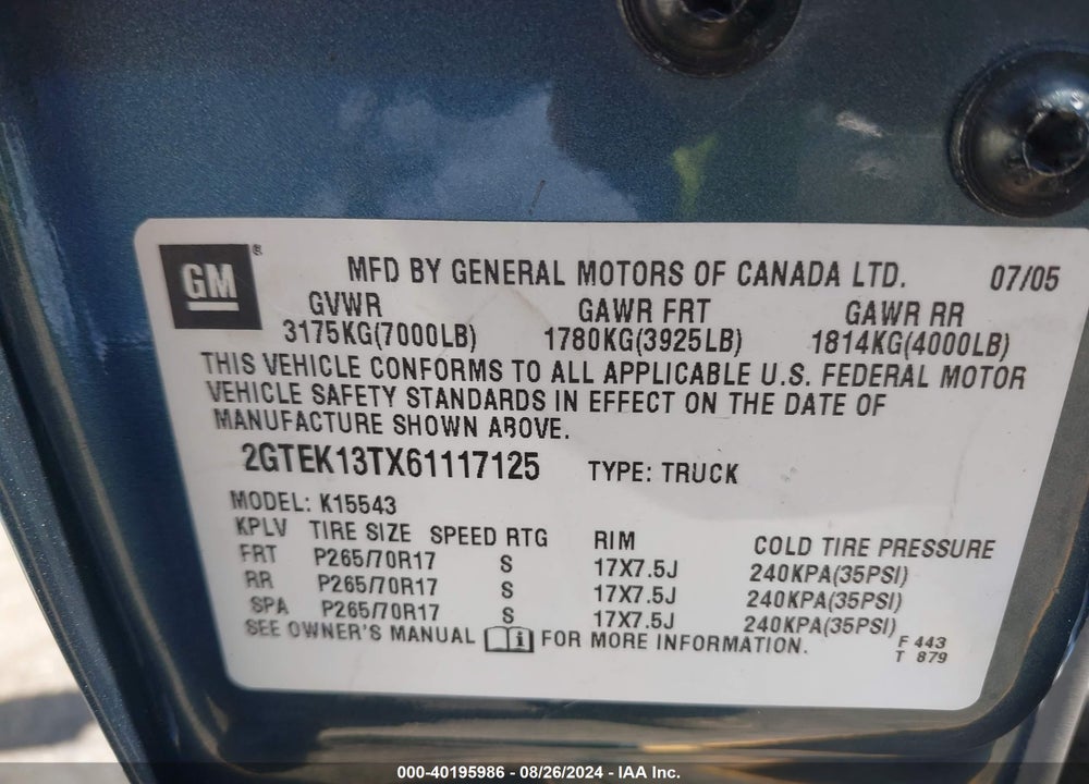 2006 GMC SIERRA 1500 SLT VIN: 2GTEK13TX61117125