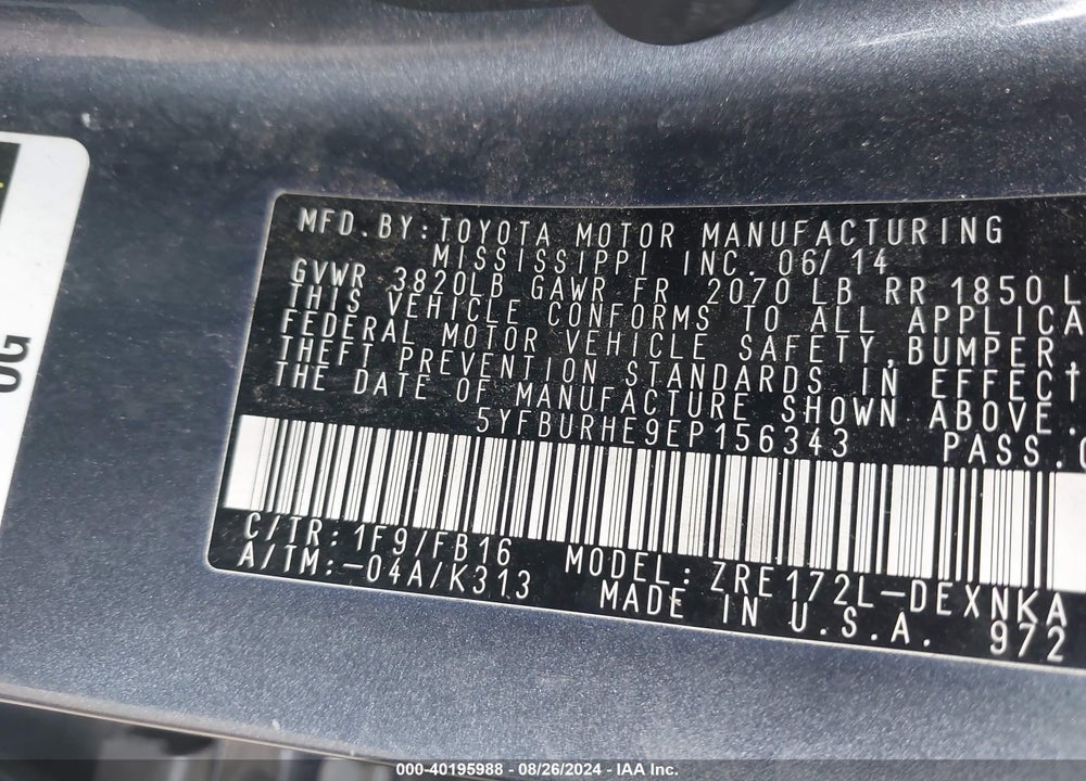 2014 TOYOTA COROLLA LE VIN: 5YFBURHE9EP156343
