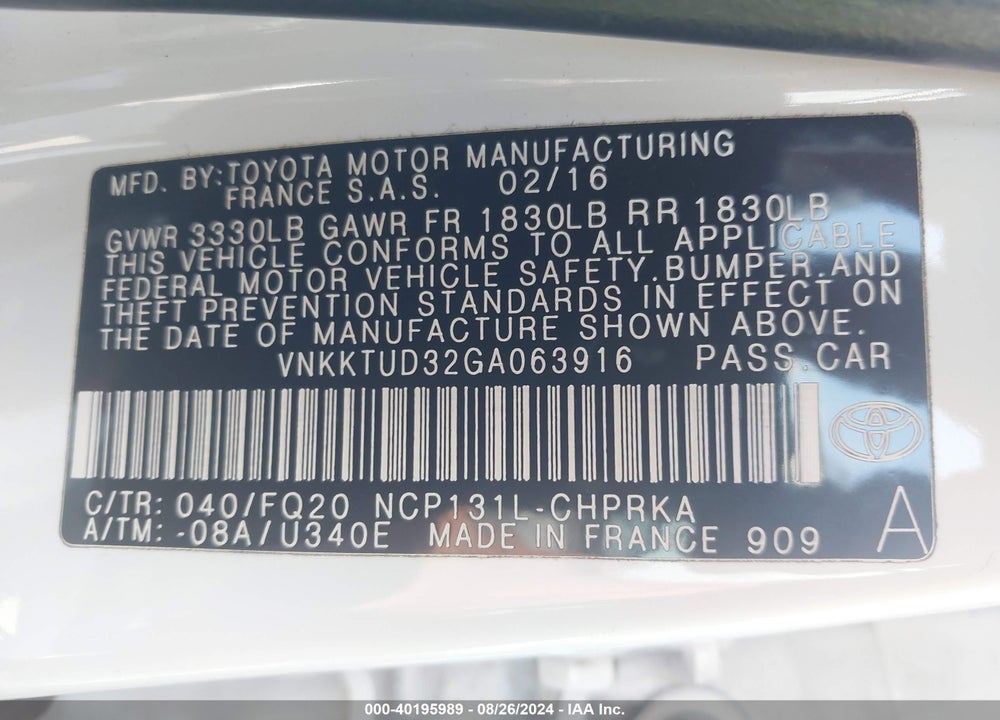 2016 TOYOTA YARIS L VIN: VNKKTUD32GA063916