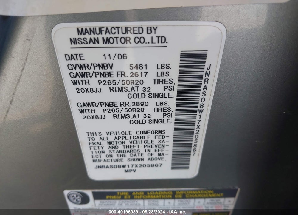 2007 INFINITI FX35 VIN: JNRAS08W17X205867